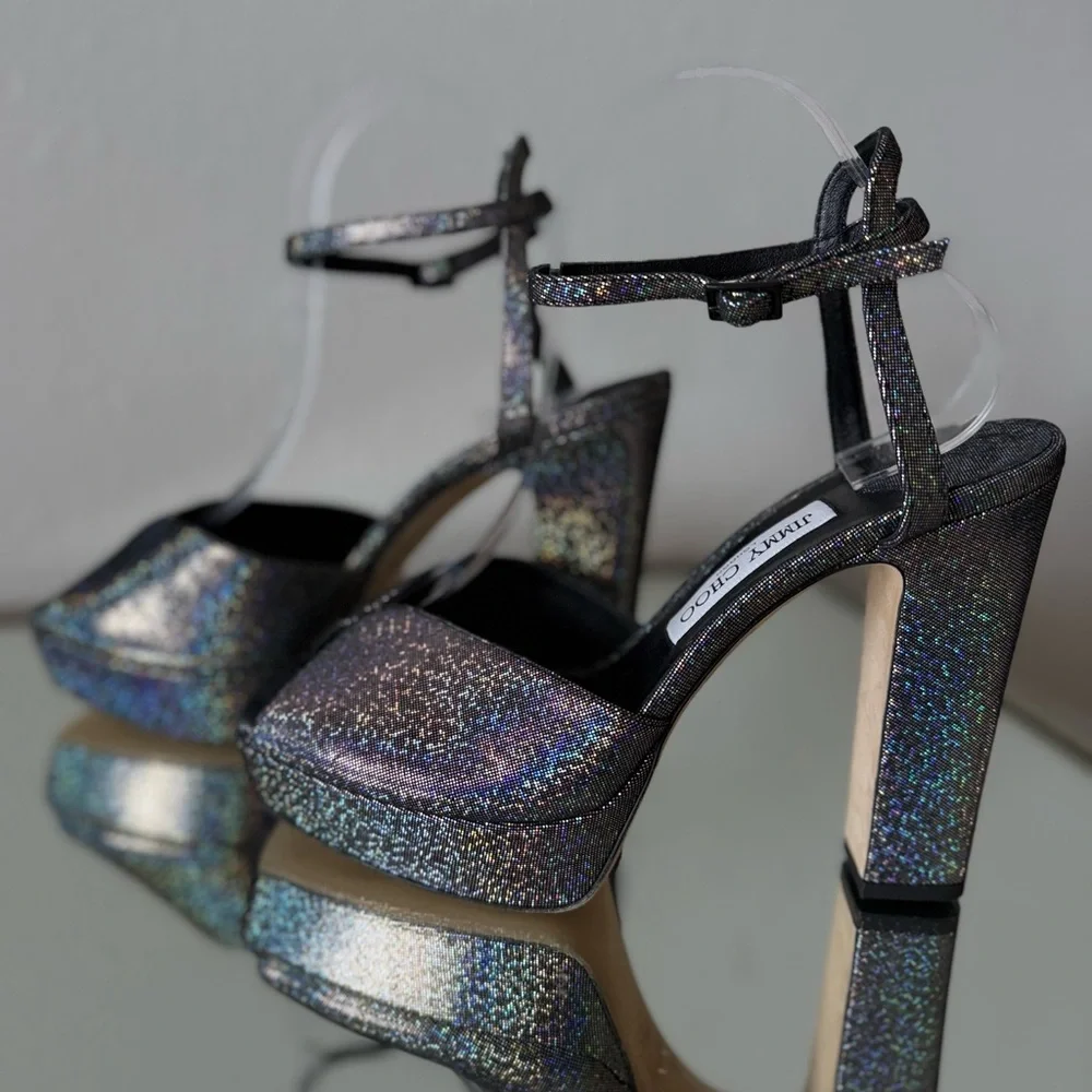 New JIMMY CHOO Sacaria Glitter Platform Sandal $925 40